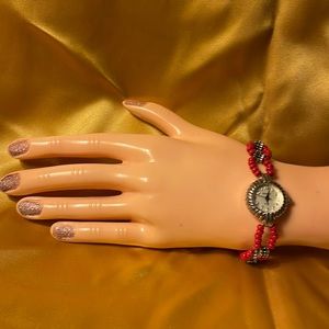 Geneva silver colored watch with silver & red beads with bar & circle closure